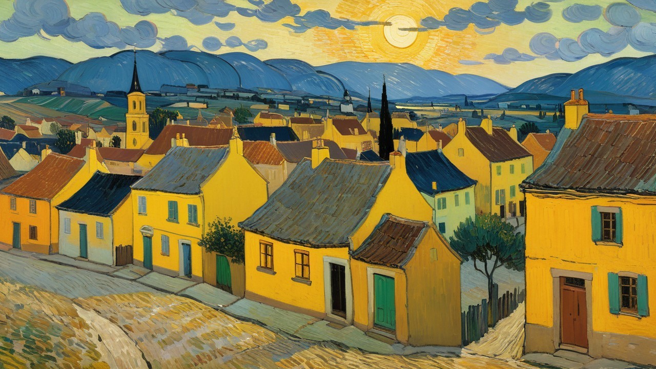 Vibrant Village Landscape at Sunrise with Rolling Hills