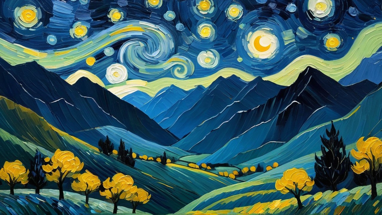 Vibrant Landscape with Swirling Stars and Moon
