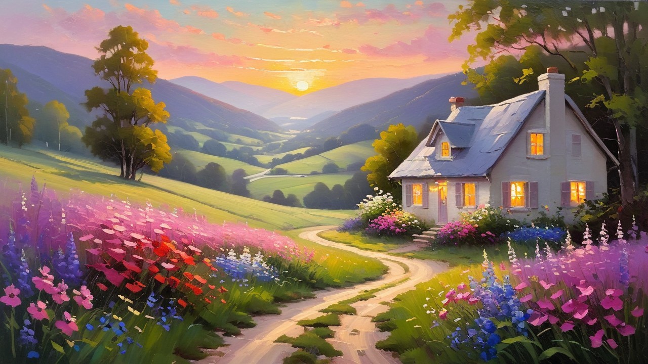 Serene Countryside Scene with Cottage and Sunset