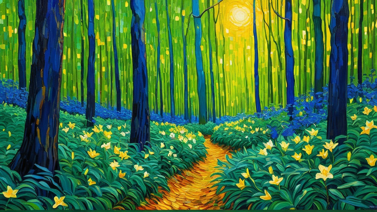 Vibrant Oil Painting of a Lush Forest Scene