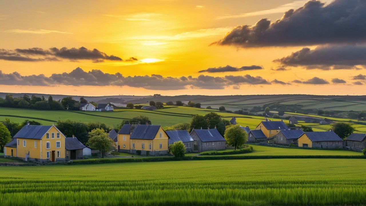 Picturesque Rural Landscape at Sunset with Houses