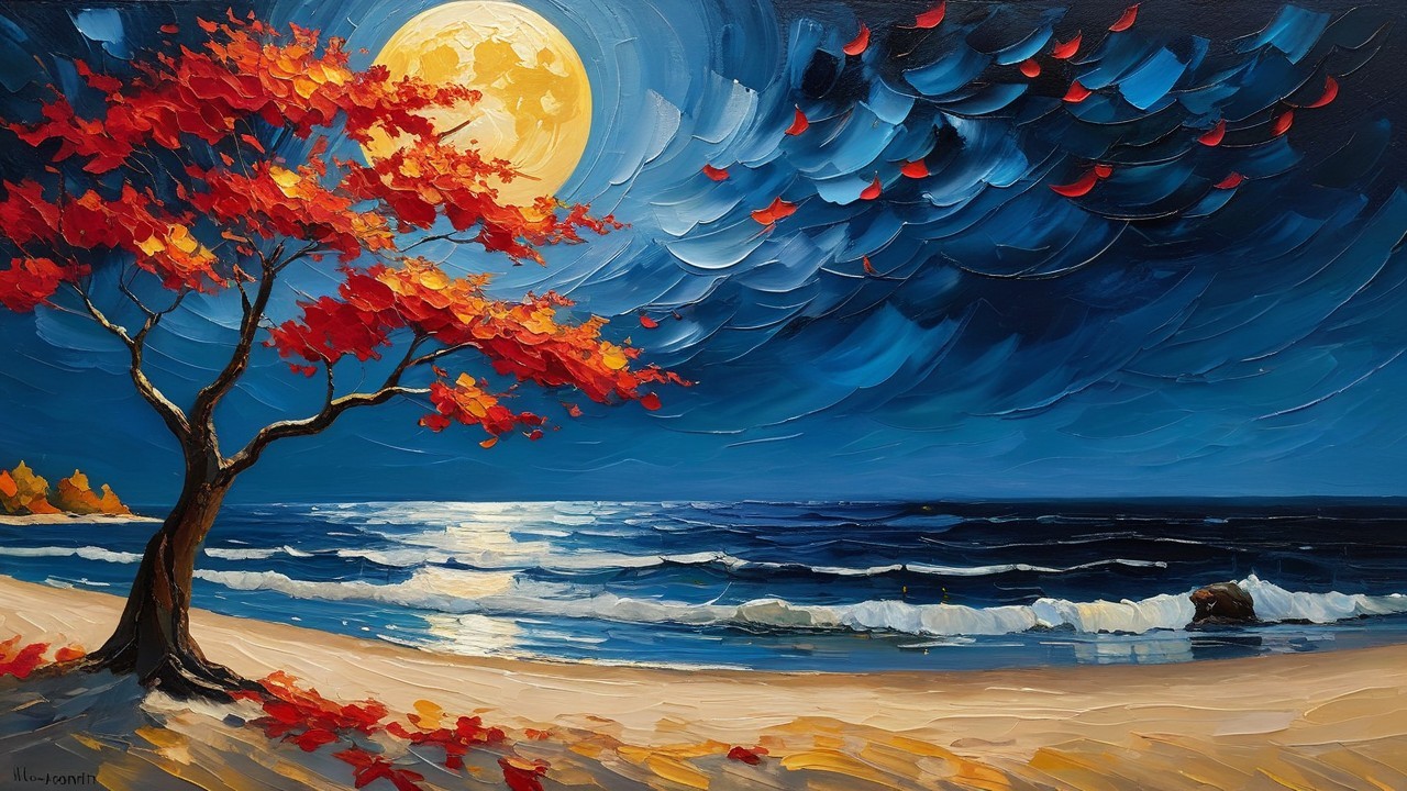 Vibrant Seascape with Moonlit Waves and Autumn Tree