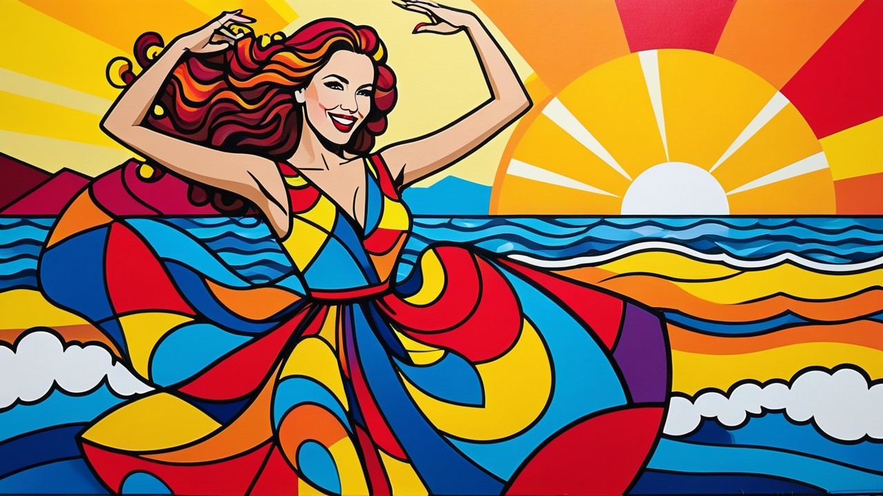 Colorful Mural of Woman Dancing by the Ocean at Sunset