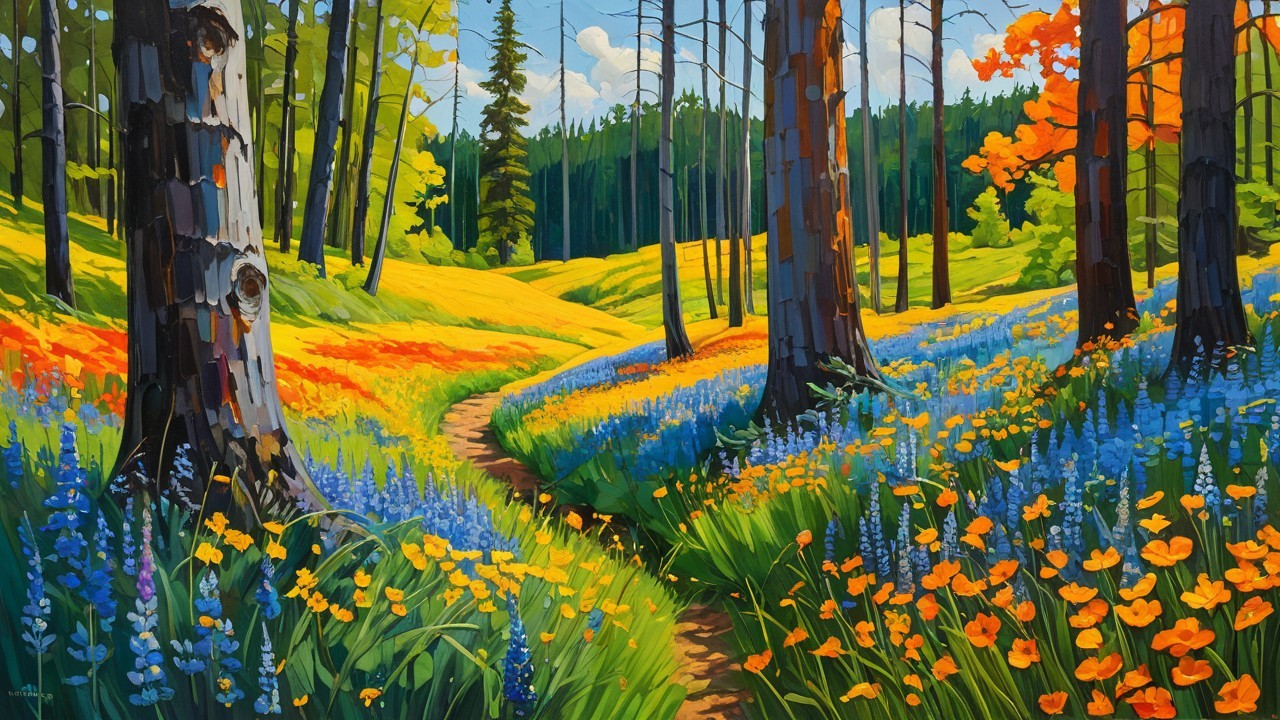 Vibrant Landscape with Pathway and Colorful Wildflowers