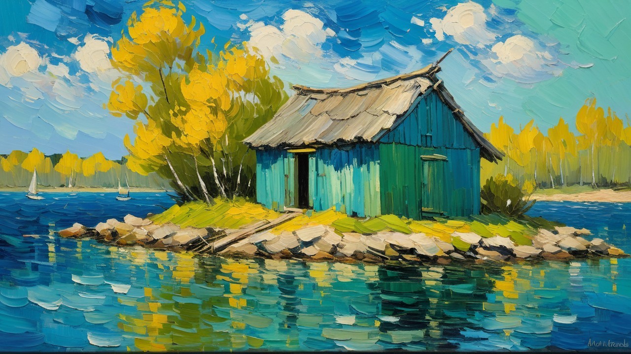 Impressionist Oil Painting of Vibrant Lake Landscape