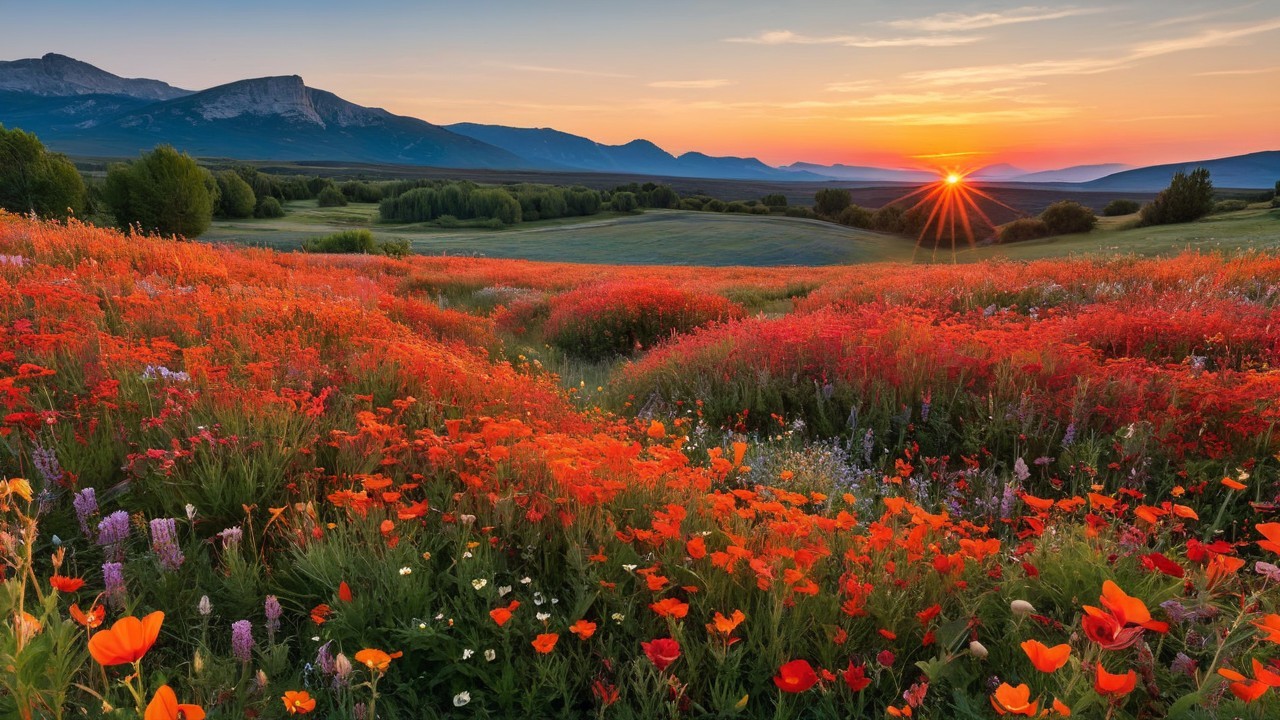 Vibrant Sunset Over Wildflower Field and Mountains