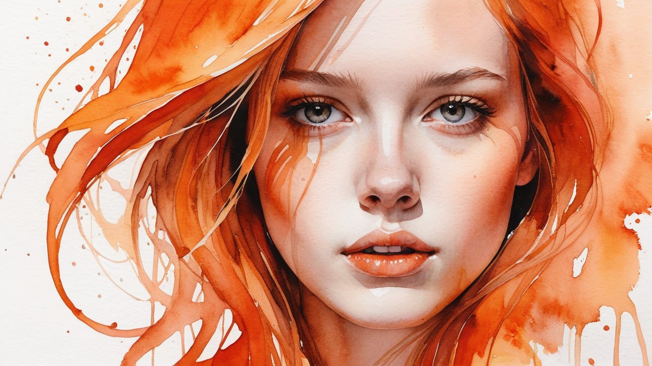 Watercolor Portrait of a Young Woman with Orange Hair