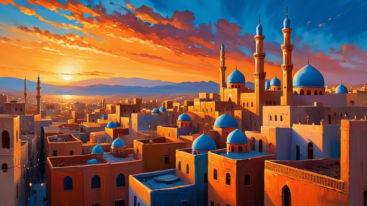 Vibrant Cityscape at Sunset with Traditional Architecture