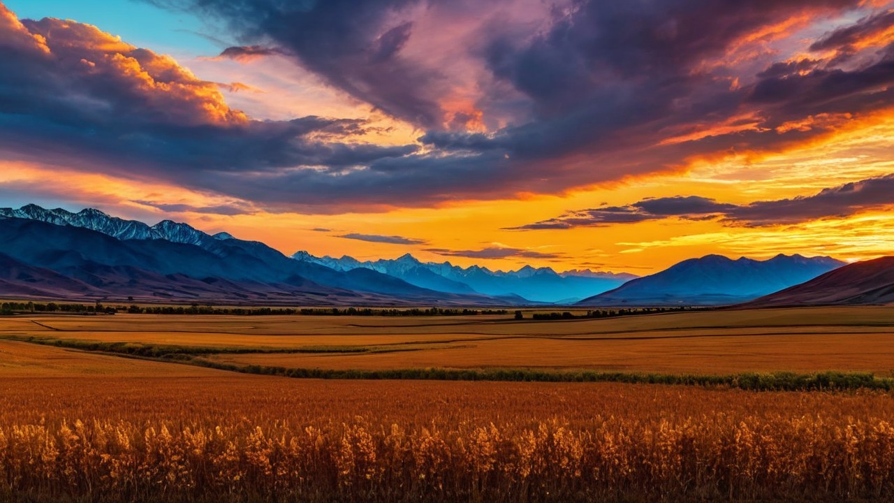 Golden Fields and Snow-Capped Mountains at Sunset