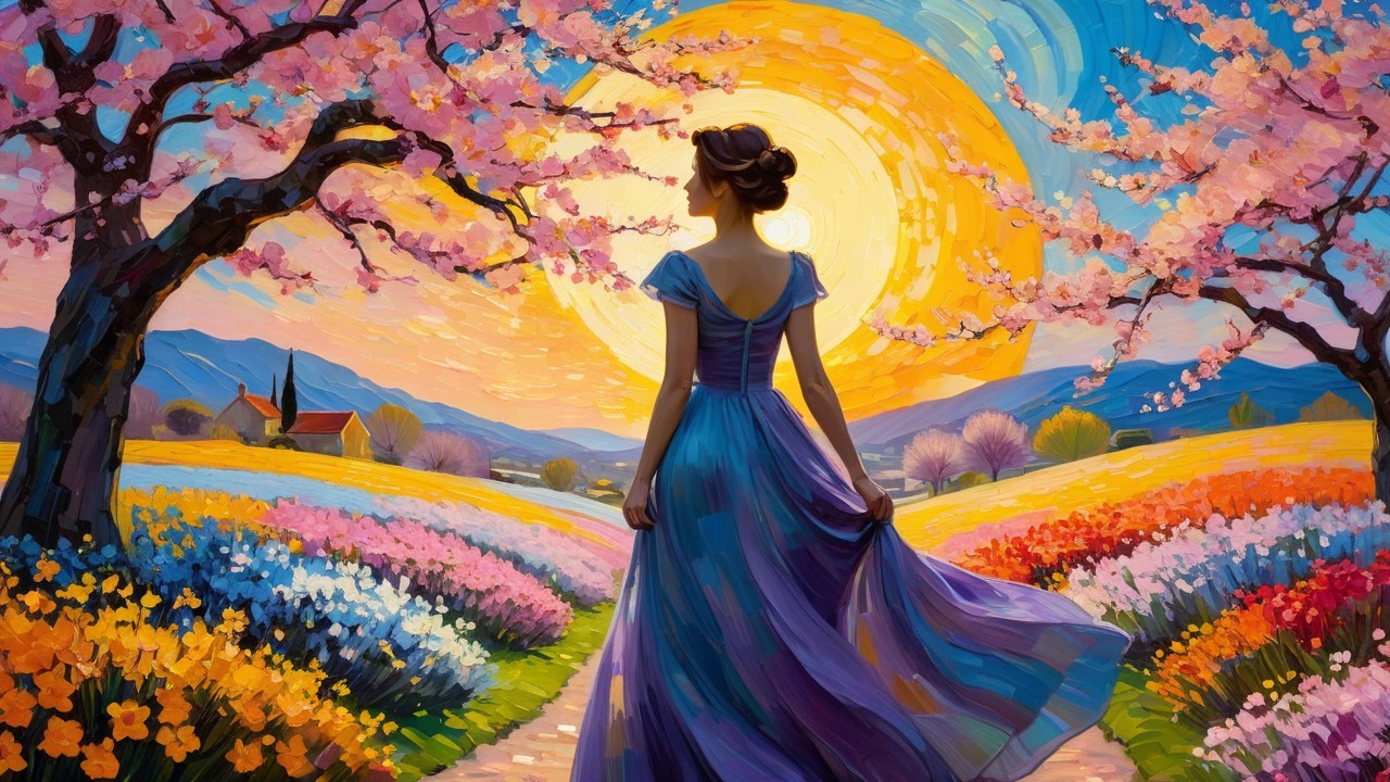 Woman in Blue Dress Amidst Colorful Flower Landscape