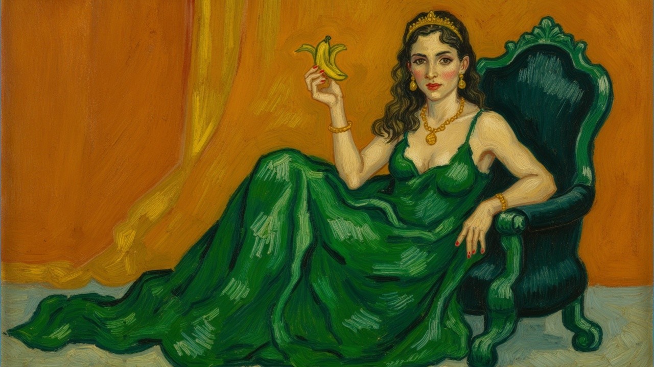 Glamorous Woman in Emerald Gown with Bananas