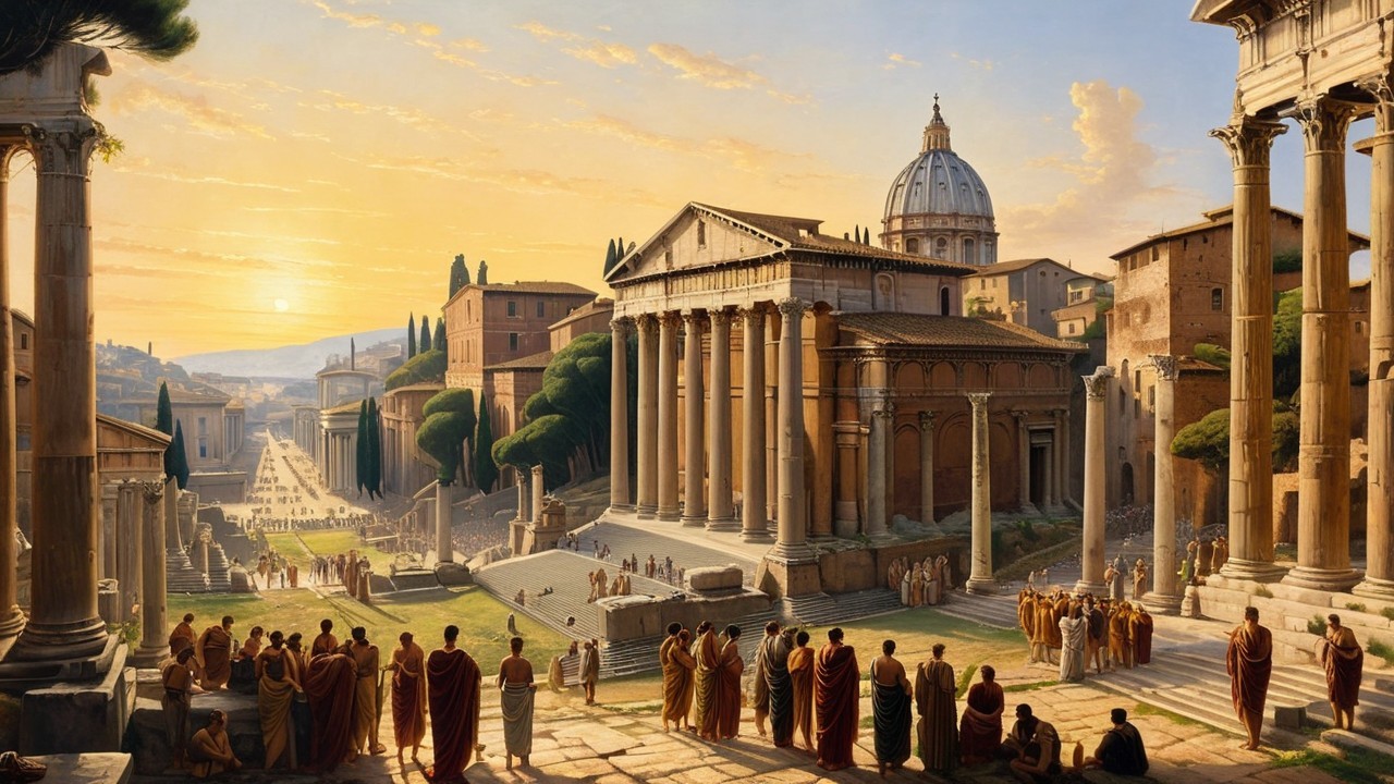 Grand Roman Cityscape at Sunset with Classical Architecture