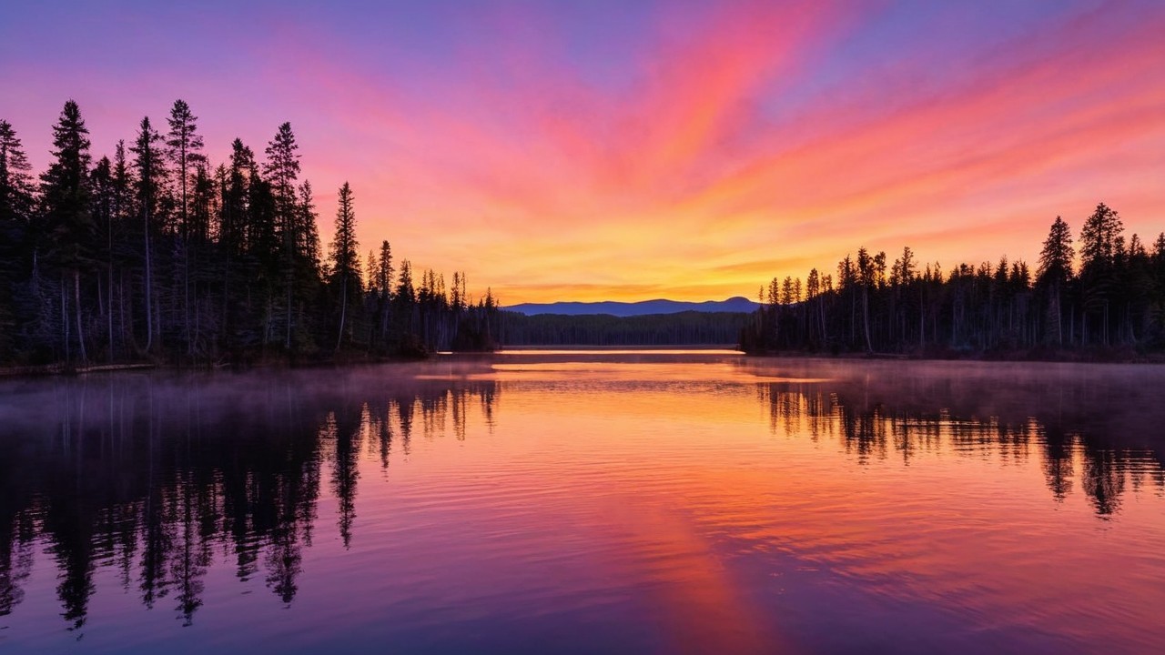 Serene Lake at Sunrise with Vibrant Sky and Mist