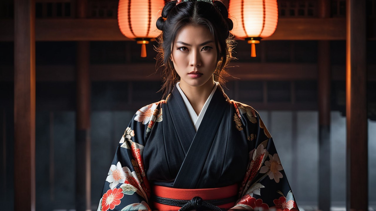 Portrait of a woman in a floral-patterned kimono