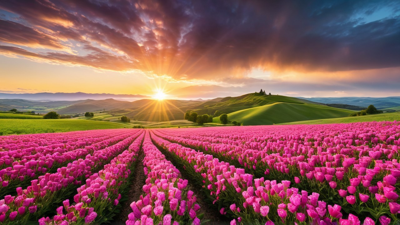 Vibrant Landscape of Pink Tulips Under Dramatic Sky