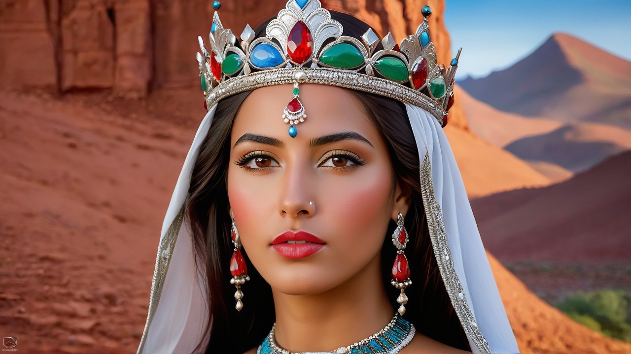 Portrait of a woman in crown with desert backdrop
