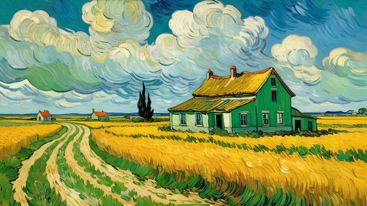 Vibrant Countryside Scene with Green House and Fields