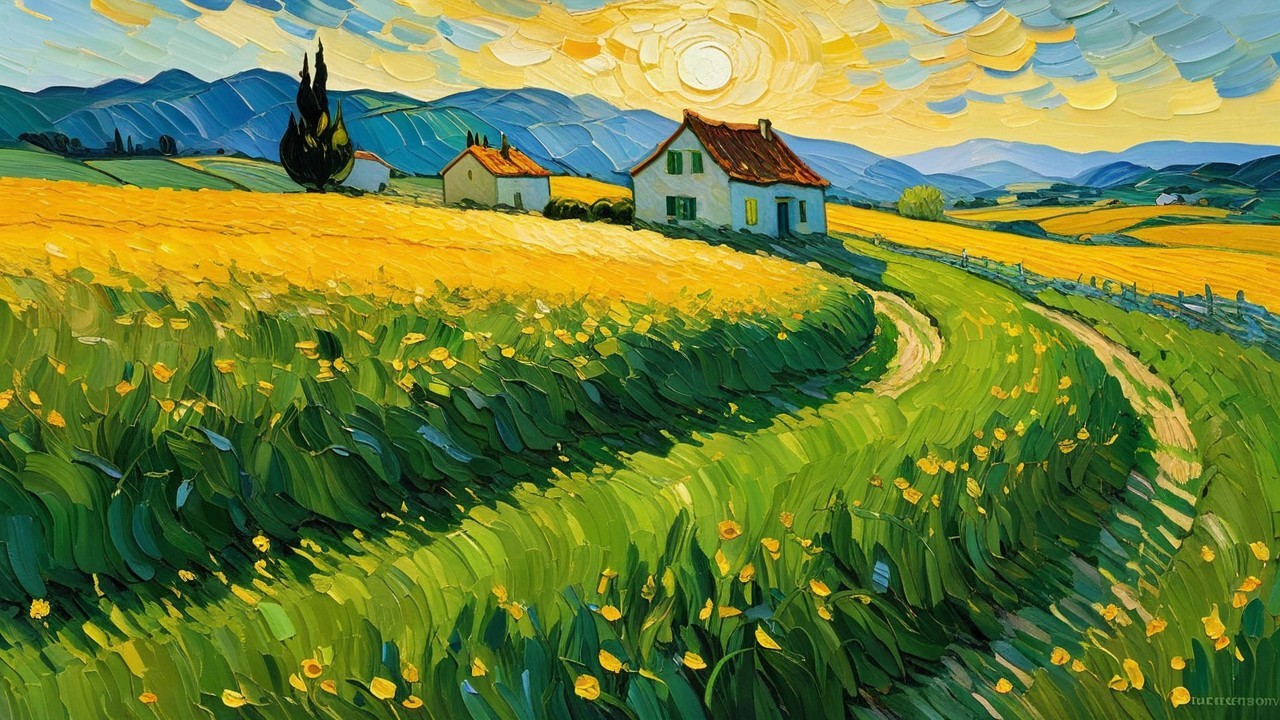 Vibrant Landscape with Rolling Hills and Charming Houses