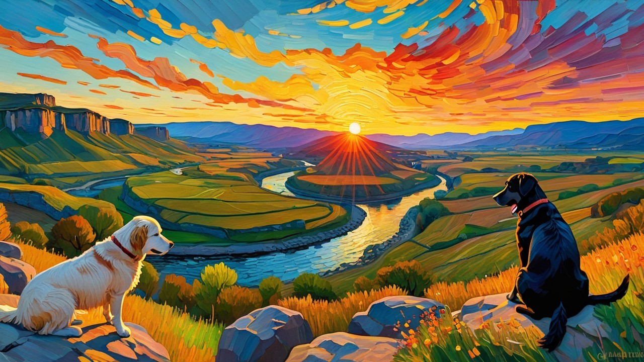 Vibrant Landscape with River, Dogs, and Sunset Sky