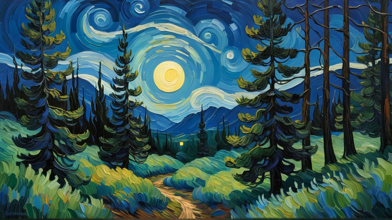 Vibrant Night Landscape with Moon and Pine Trees