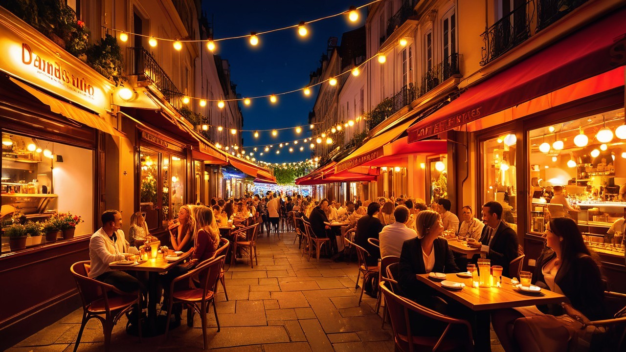 Charming Street with Cafés and Warm String Lights