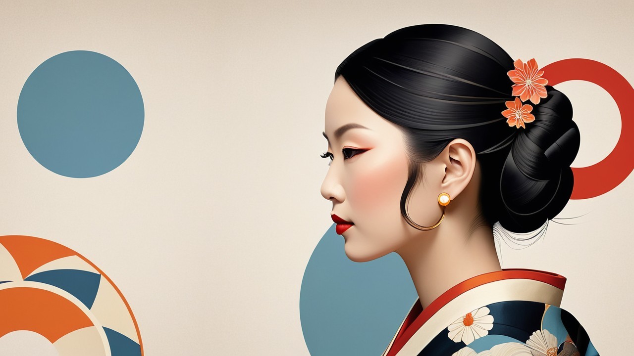 Stylized Profile of Woman in Elegant Kimono