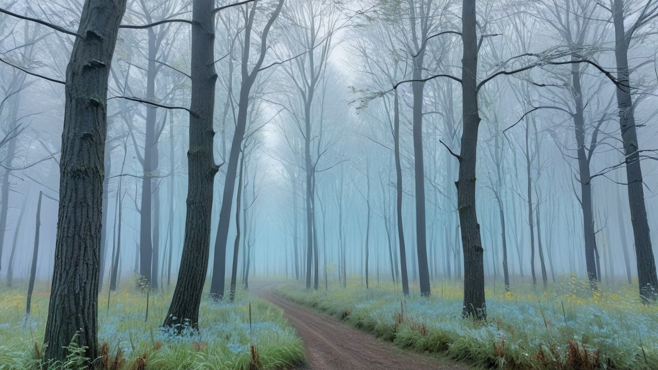 Serene Forest Scene with Morning Fog and Wildflowers