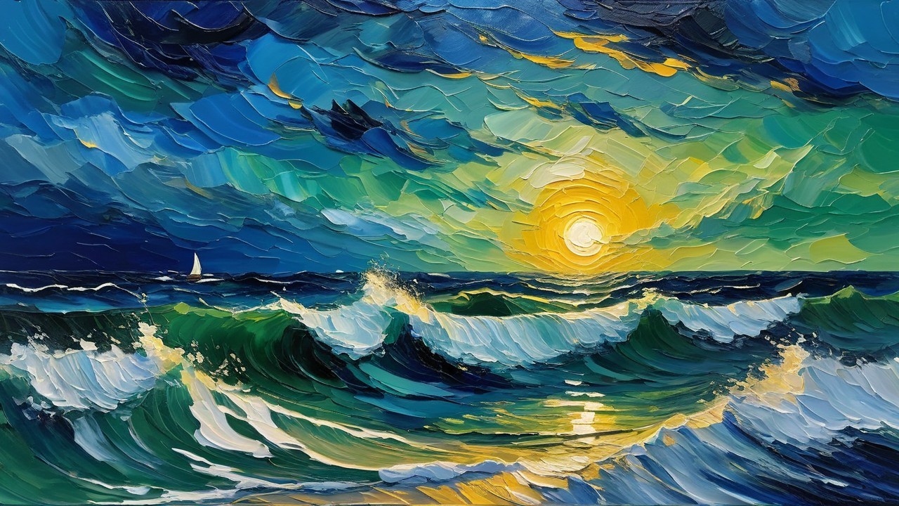 Vibrant Seascape with Waves and Sunset Colors