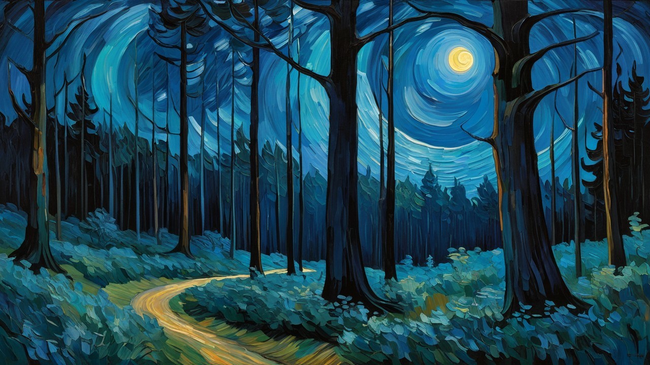Tranquil Forest Scene Under Vibrant Night Sky