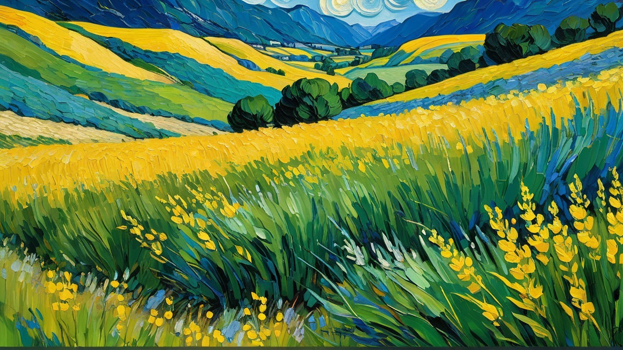 Vibrant Landscape with Rolling Hills and Flowers