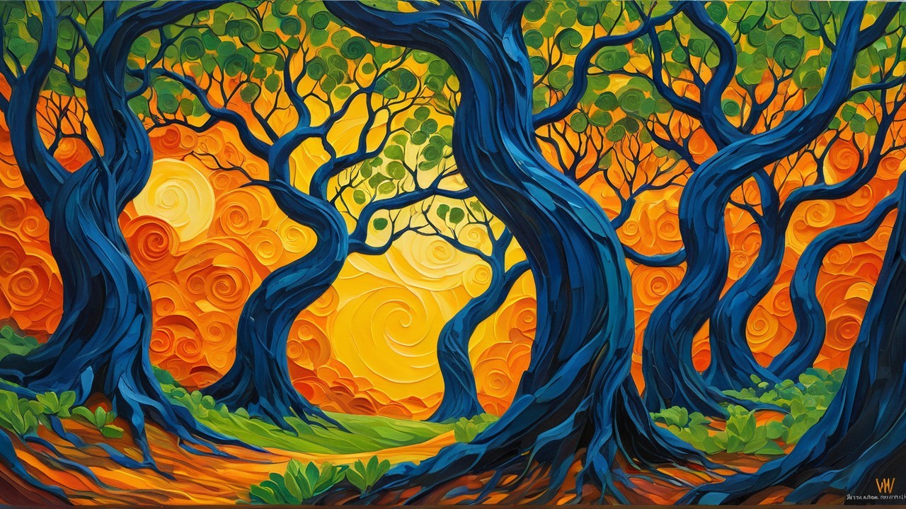 Vibrant Landscape with Twisting Trees and Fiery Sky