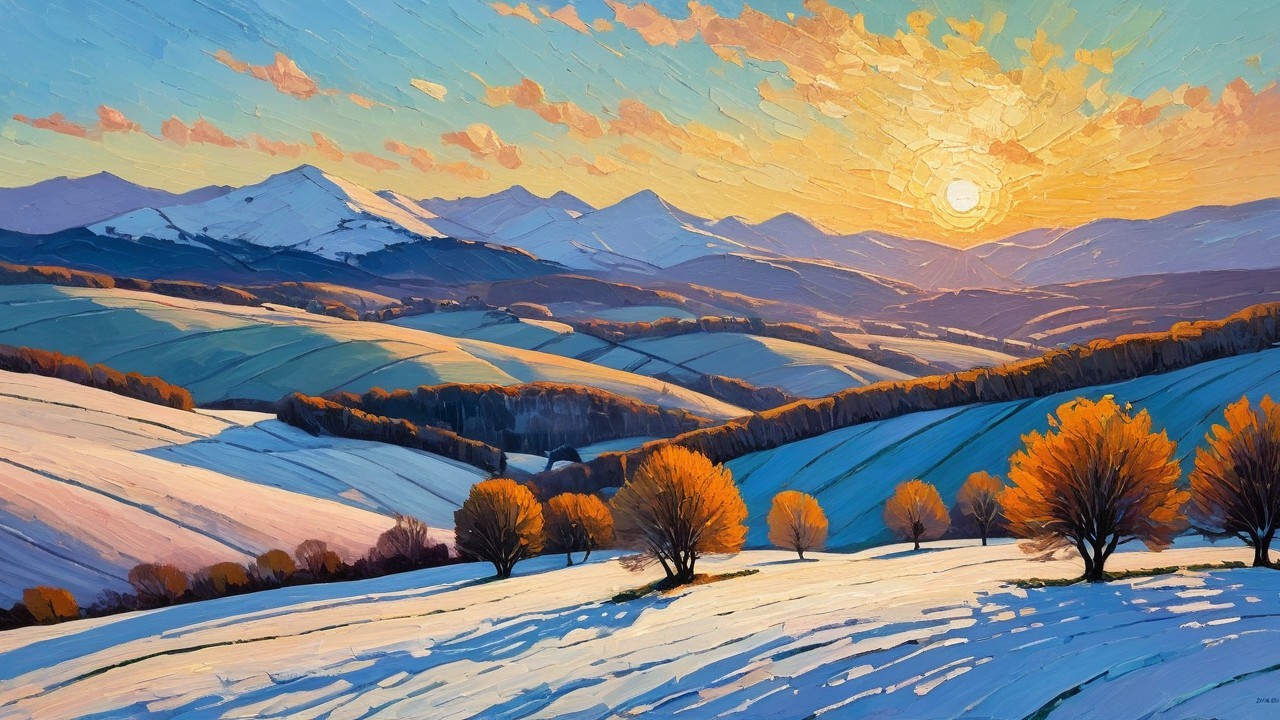 Vibrant Winter Landscape with Snowy Hills and Sunrise