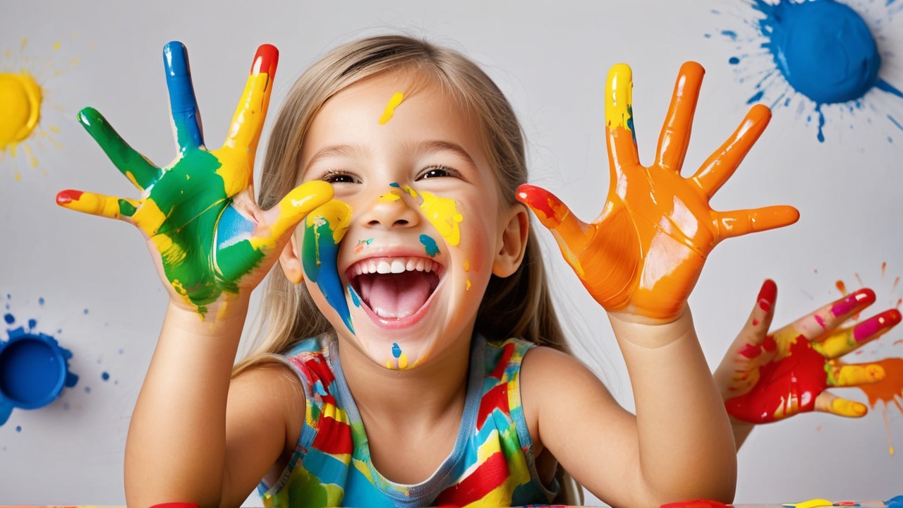 Joyful young girl with colorful paint-covered hands