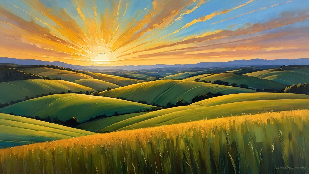 Vibrant Sunset Over Rolling Hills and Green Fields