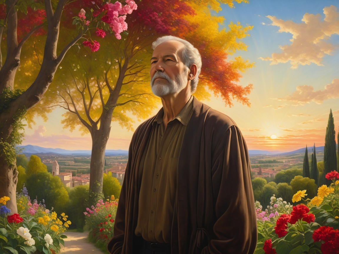 Elderly Man in Vibrant Garden at Sunset