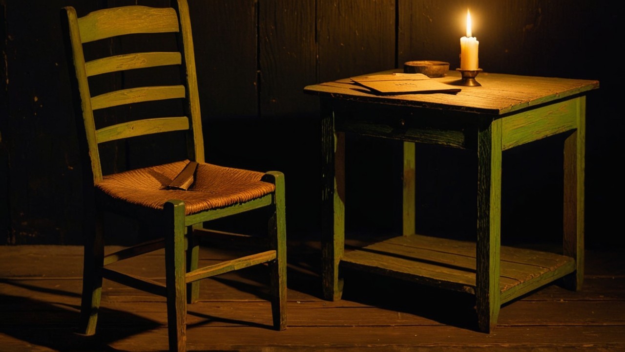 Rustic Vintage Scene with Green Chair and Candle