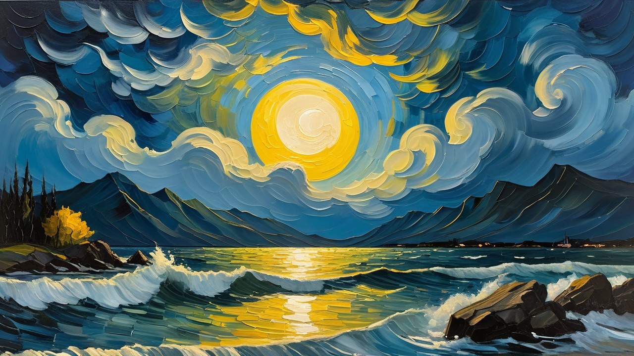 Vibrant Moonlit Landscape Over Serene Water