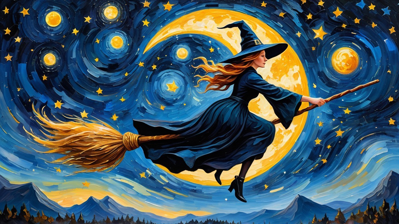 Whimsical Night Scene of a Young Witch Flying