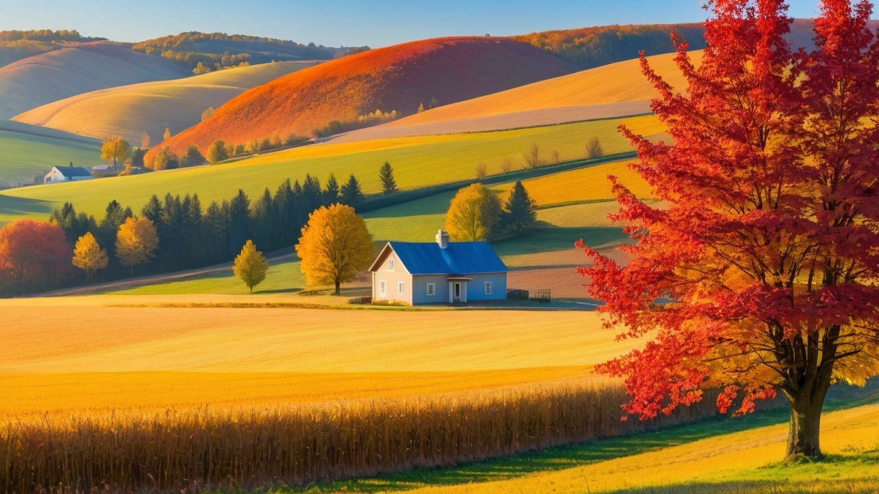 Autumn Landscape with Vibrant Colors and Gray House