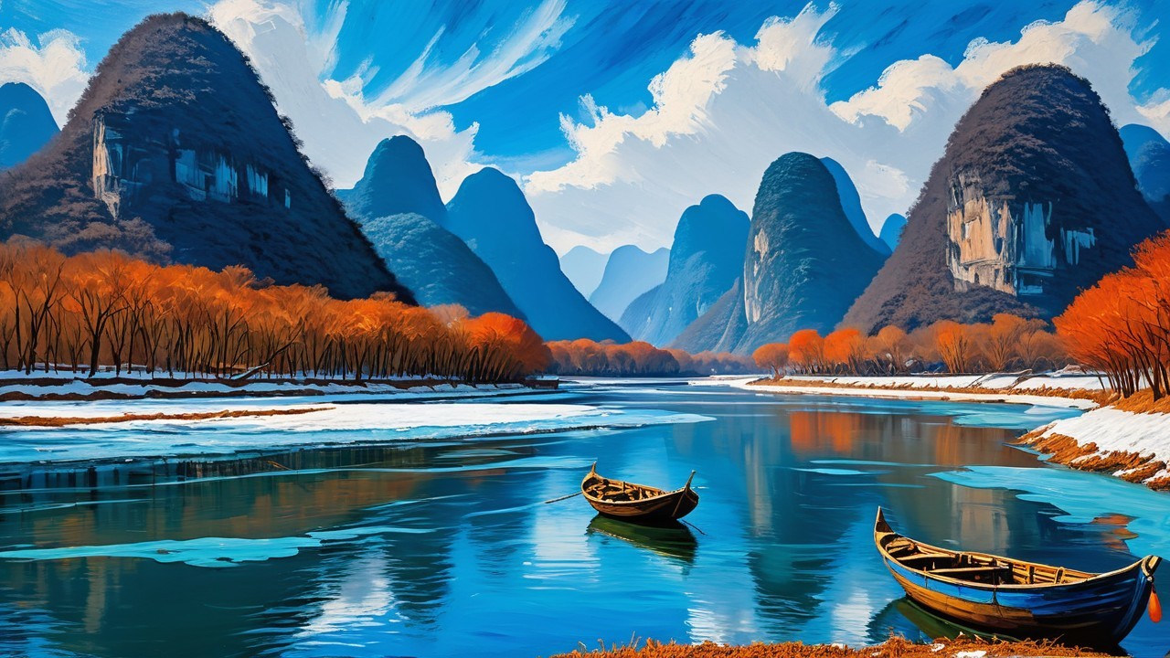 Winter River Landscape with Karst Mountains and Boats