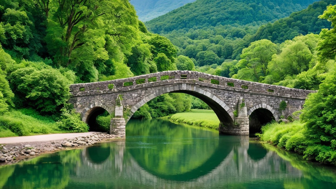 Stone Bridge Over Serene River Surrounded by Nature