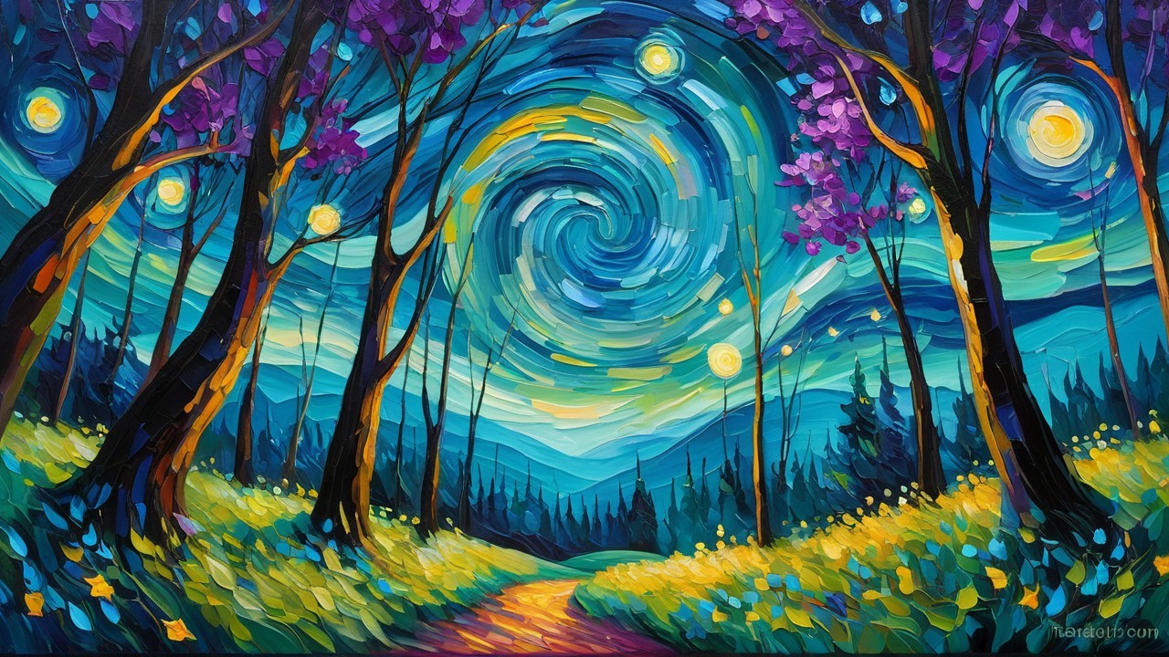 Vibrant Night Sky with Trees and Colorful Flowers