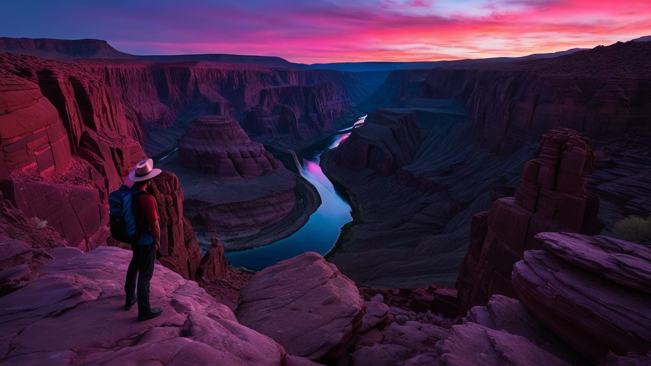 Hiker Overlooks Sunset at Red Cliffs and River