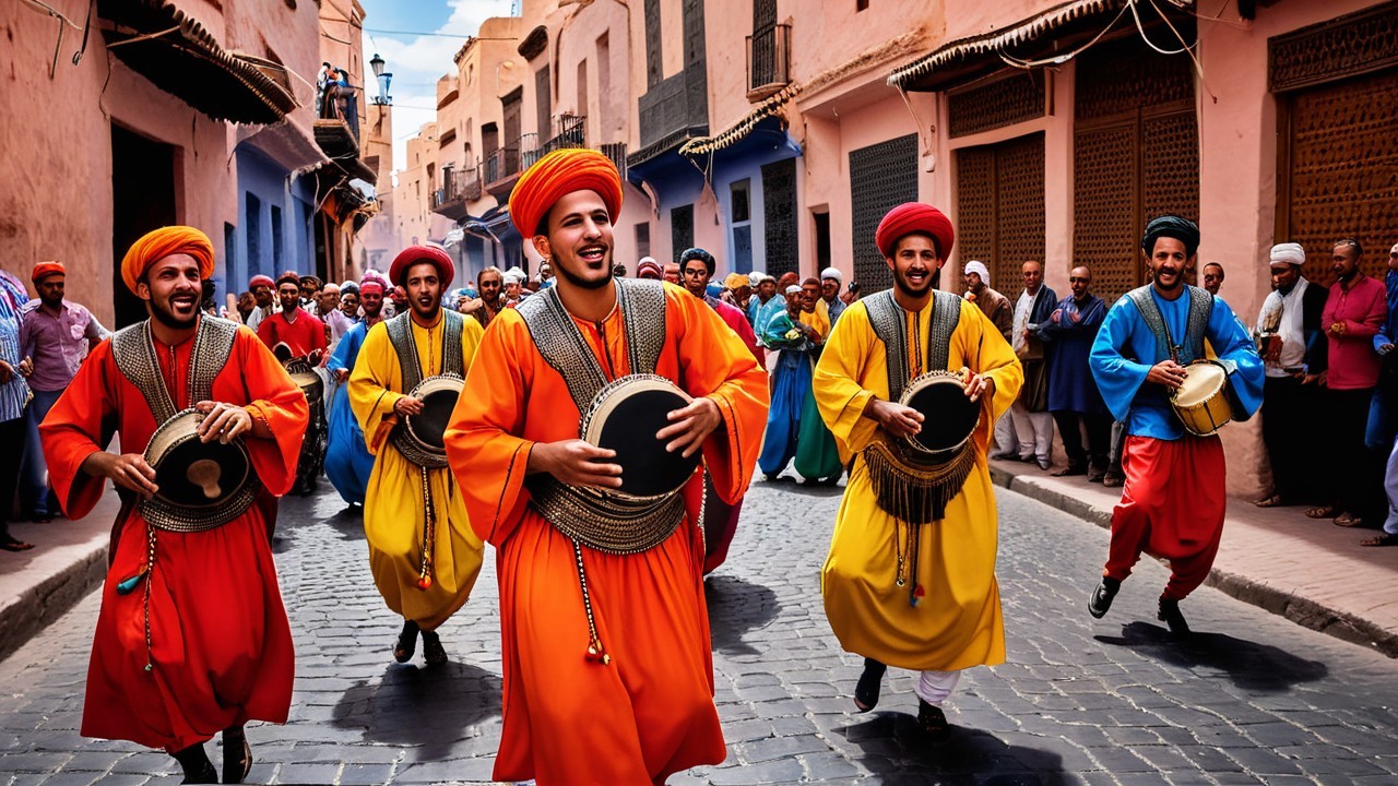 Vibrant Street Scene with Traditional Musicians and Colorful Buildings