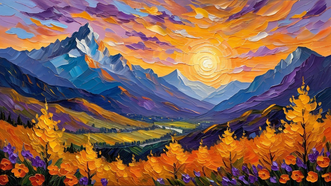 Vibrant Landscape Painting of Majestic Mountains and Sky