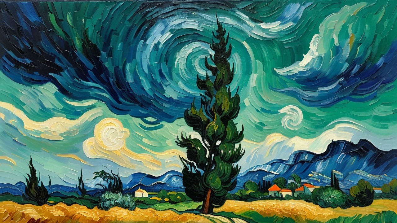 Vibrant Post-Impressionist Landscape with Swirling Skies