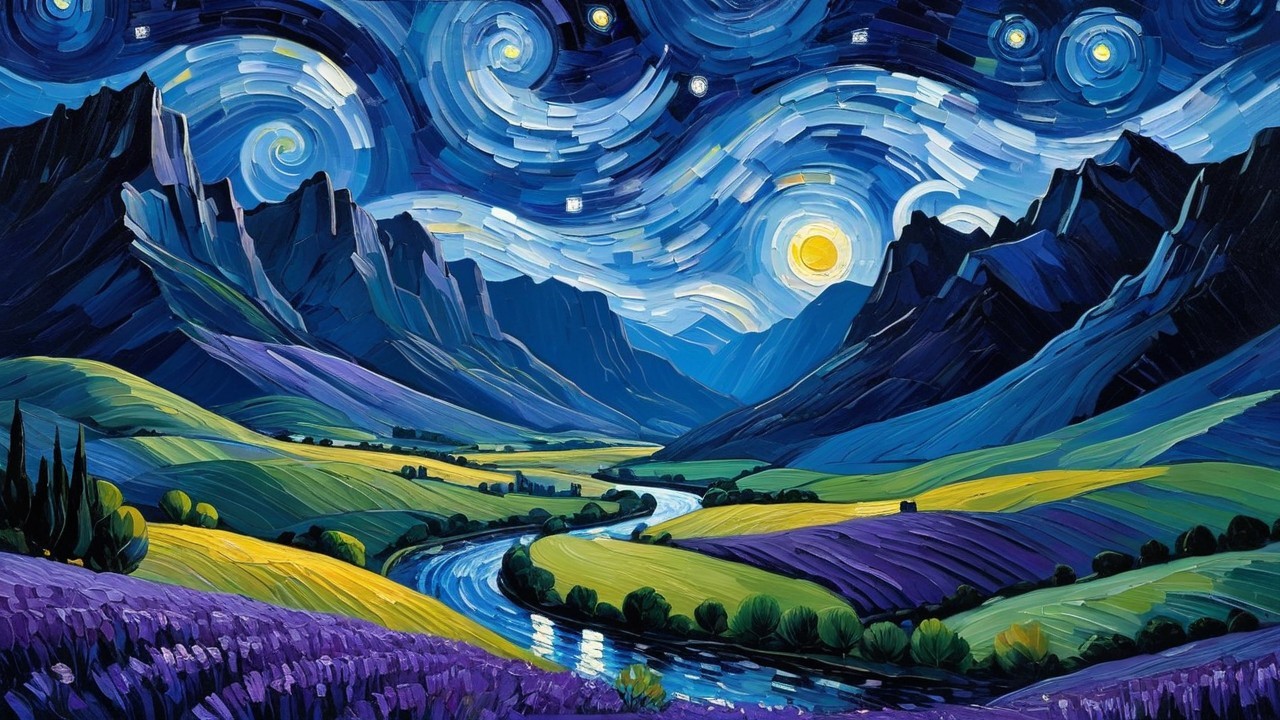 Vibrant Night Landscape with Swirling Skies and Mountains