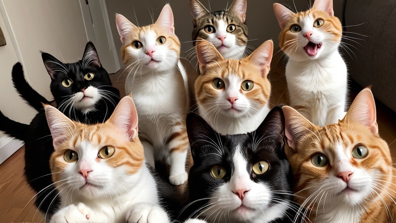 Group of Eight Cats in Cozy Indoor Setting