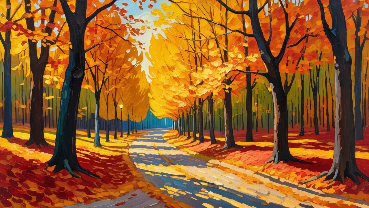 Vibrant Autumn Scene with Winding Path and Trees