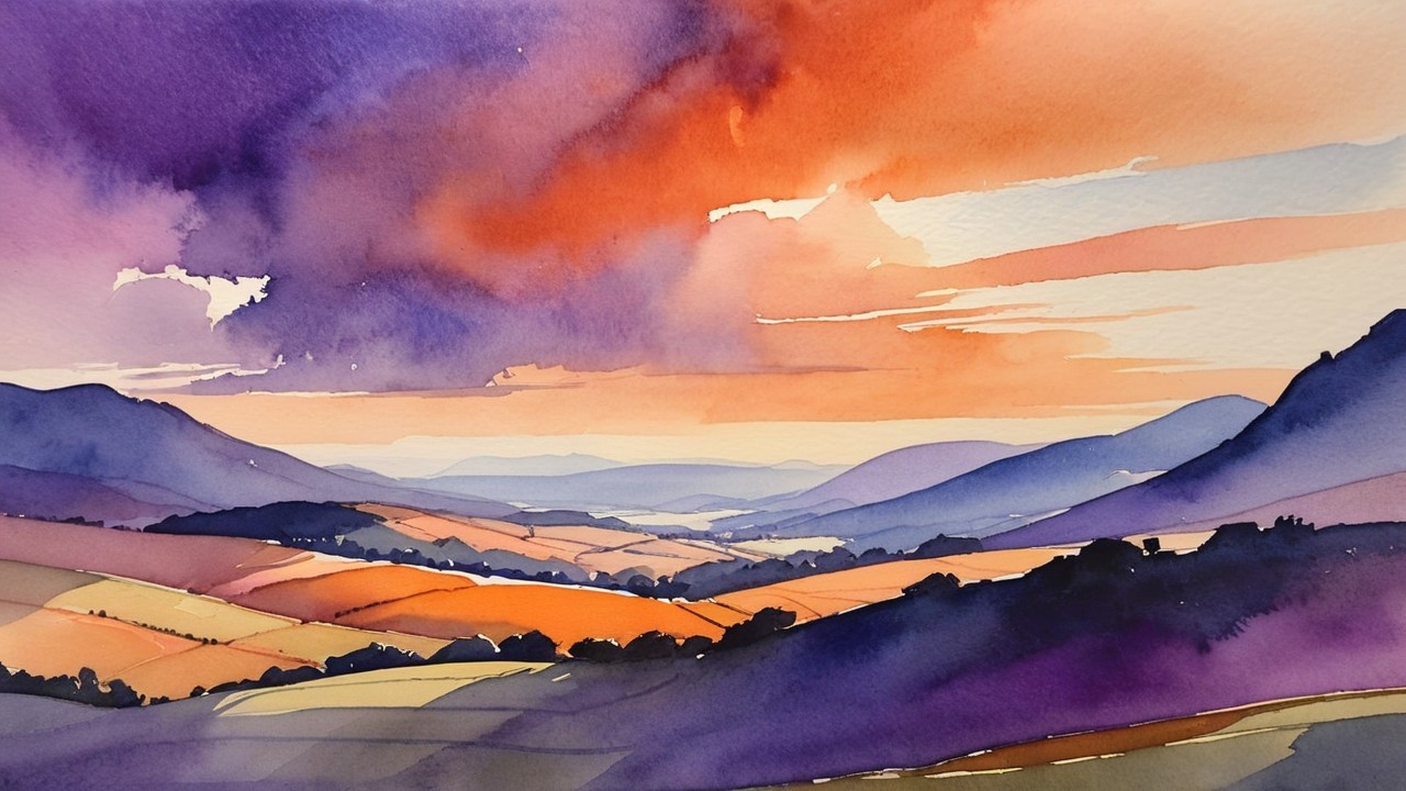 Vibrant Watercolor Landscape of Rolling Hills and Valleys